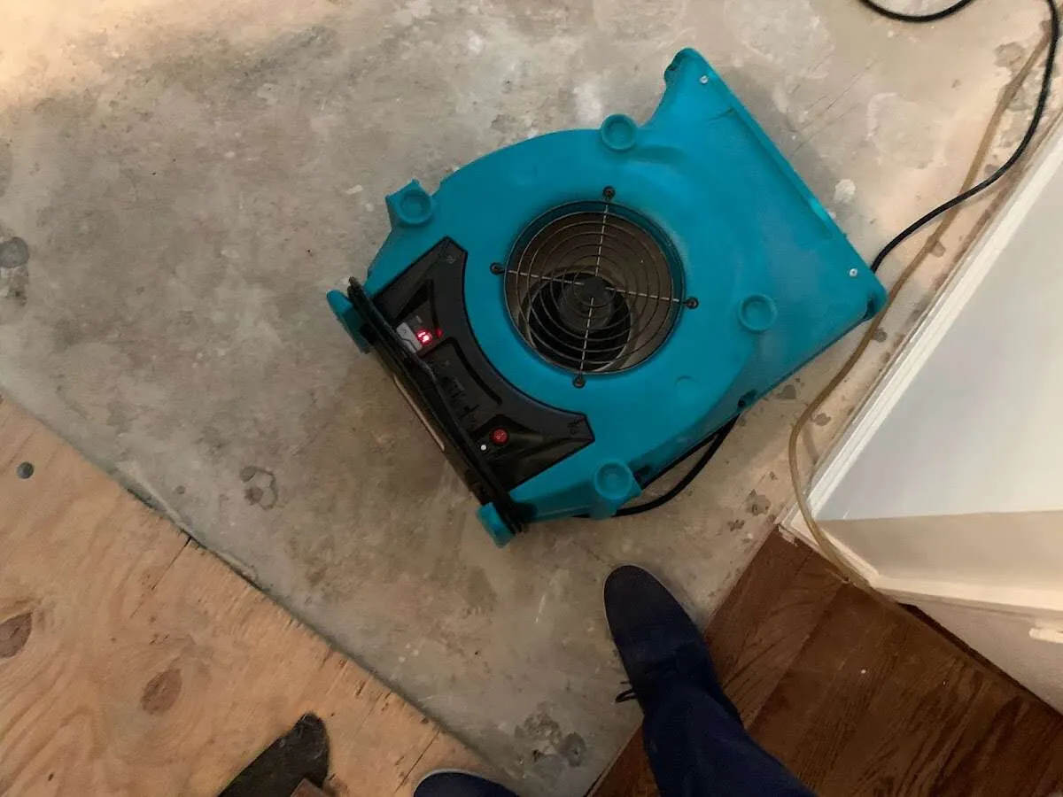 Air mover drying subfloor during Commercial Water Damage Restoration in Sudbury